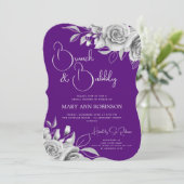 BRUNCH & BUBBLY Silver Floral Brautparty Lila Einladung (Stehend Vorderseite)
