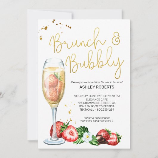 Brunch Bubbly Strawberries Champagne Brautparty Einladung (Vorderseite)