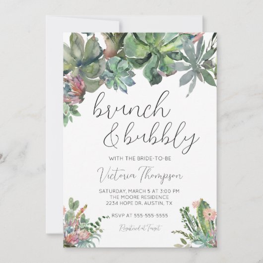 Brunch & Bubbly Succulent Bridal Dusche Einladung (Vorderseite)