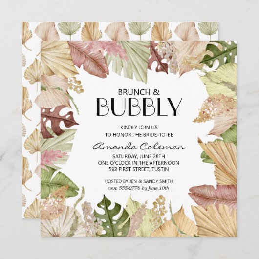 Brunch Bubbly Tropical Blätter Brautparty Einladun (Vorne/Hinten)