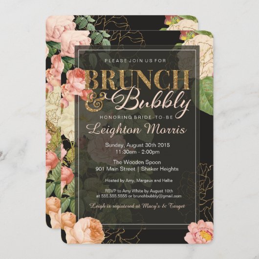 Brunch & Bubbly Vintager Glitzer Blumendusche Einladung (Vorne/Hinten)