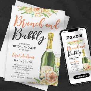 Brunch & Bubbly Wasserfarben Floral Brautparty Einladung