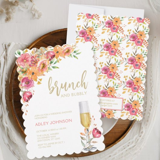Brunch Bubbly Watercolor Floral Fall Brautparty Einladung