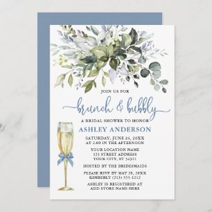Brunch Bubbly Watercolor Greenery Dusty Blue Glass Einladung