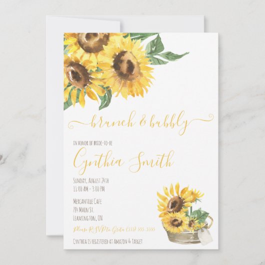 Brunch & Bubbly Watercolor Sonnenblumen Brautparty Einladung (Vorderseite)