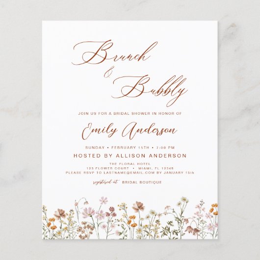 Brunch Bubbly Wildblume Bridal Dusche Einladung (Vorderseite)