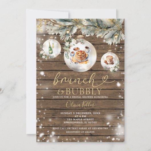Brunch Bubbly Woods Christmas Baubles Brautparty Einladung (Vorderseite)