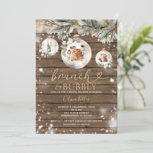 Brunch Bubbly Woods Christmas Baubles Brautparty Einladung (Stehend Vorderseite)