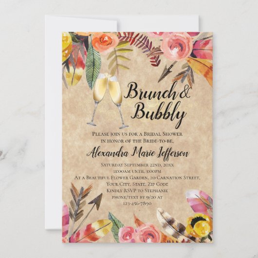 Brunch Bubby Feather Arrow Blume Brautparty Einladung (Vorderseite)
