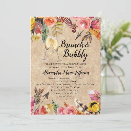 Brunch Bubby Feather Arrow Blume Brautparty Einladung (Stehend Vorderseite)
