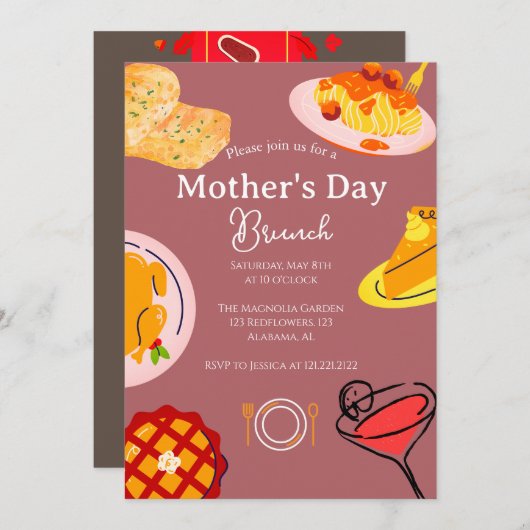 Brunch der personalisierten Mutter | Thema Lebensm Einladung (Vorne/Hinten)