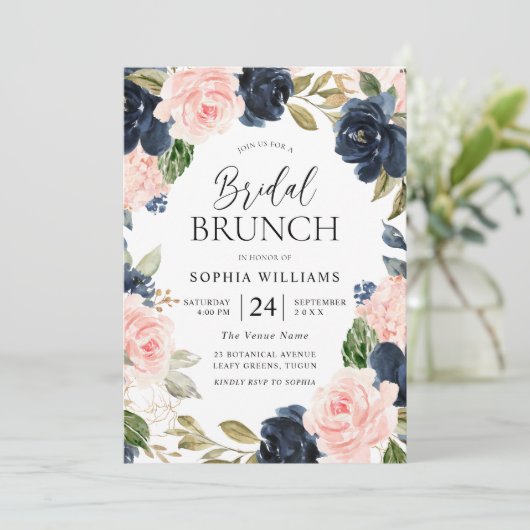 Brunch des Navy Blush Brautparty Einladung (Stehend Vorderseite)