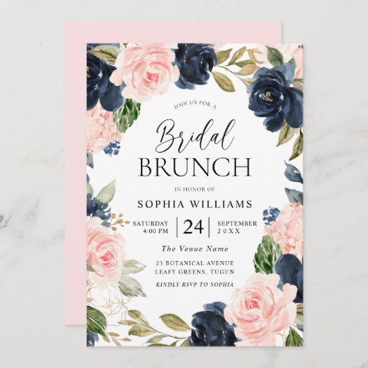 Brunch des Navy Blush Brautparty Einladung (Vorne/Hinten)