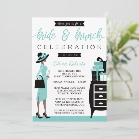 Brunch-Dusche, blau, schwarz Einladung (Stehend Vorderseite)