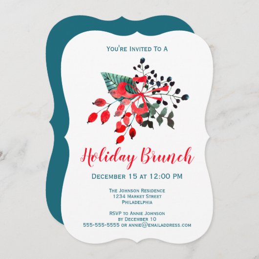Brunch Event Winter Florals & Berries Rot und Aqua Einladung (Vorne/Hinten)