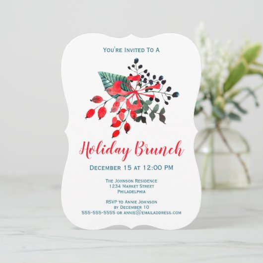 Brunch Event Winter Florals & Berries Rot und Aqua Einladung (Stehend Vorderseite)