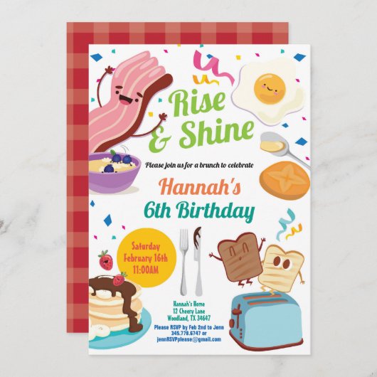 Brunch Frühstück Einladung. Kinder zum Geburtstag Einladung (Vorne/Hinten)