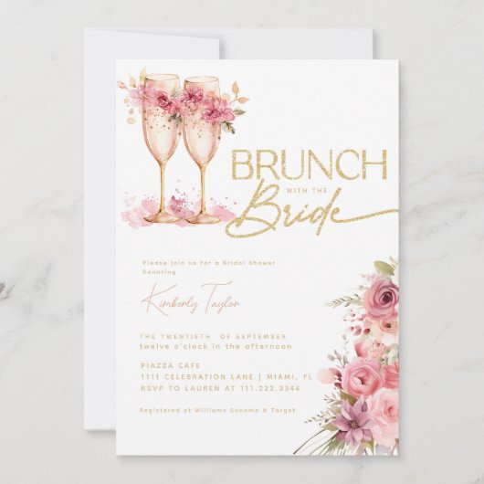 Brunch mit Bride Gold Pink Brautparty Einladung (Vorderseite)