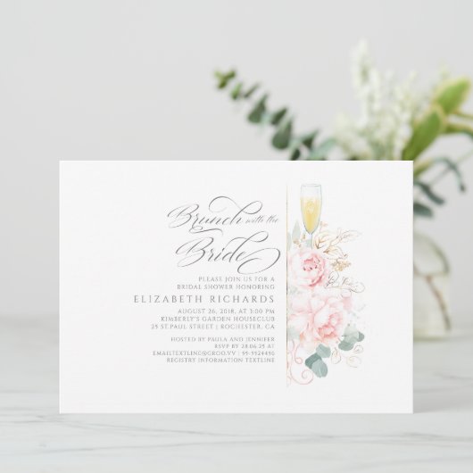 Brunch mit Bride Pink Floral Brautparty Einladung (Stehend Vorderseite)