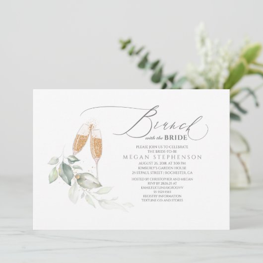 Brunch mit dem Bride Gold Greenery Brautparty Einladung (Stehend Vorderseite)