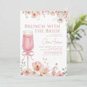 Brunch mit dem Bride Pink Bow Brautparty Einladung (Stehend Vorderseite)