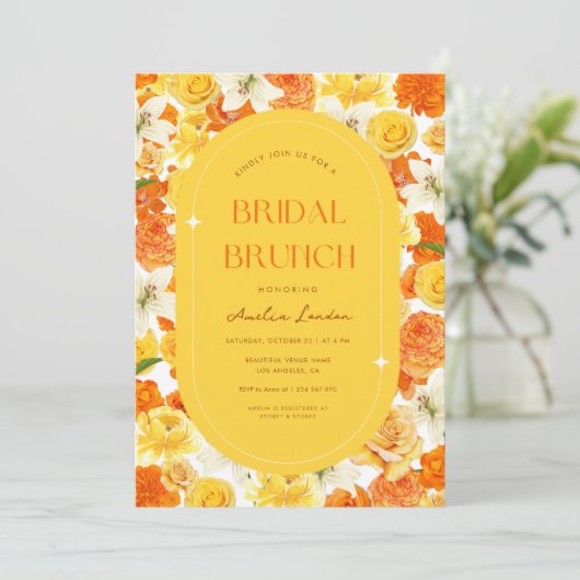 Brunch mit fett und hellgelben Orangenblüten Einladung (Stehend Vorderseite)