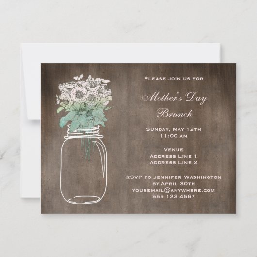 Brunch-rustikales Maurer-Glas u. Blumen der Mutter Einladung (Rückseite)