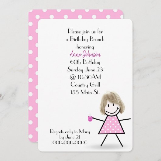 Brunch-Strichfigur-Mädchen zum 60. Geburtstag Einladung (Vorne/Hinten)