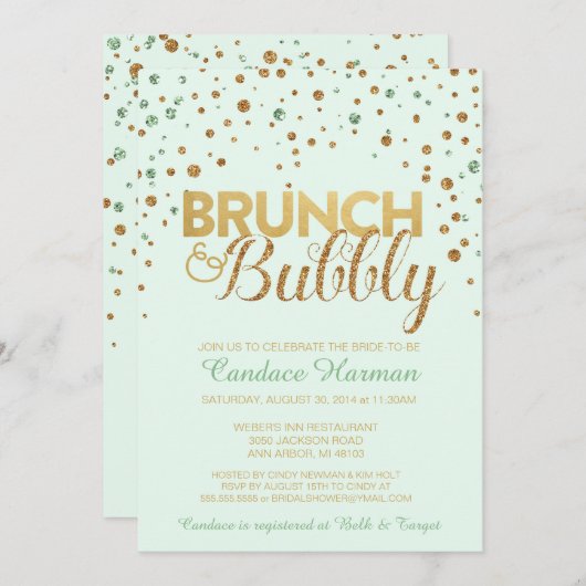 Brunch u. sprudelnde Glitzer-Brautparty-Einladung Einladung (Vorne/Hinten)
