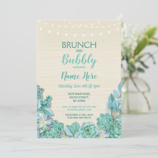 Brunch u. sprudelnde Succulents-Brautparty-Minze Einladung (Stehend Vorderseite)