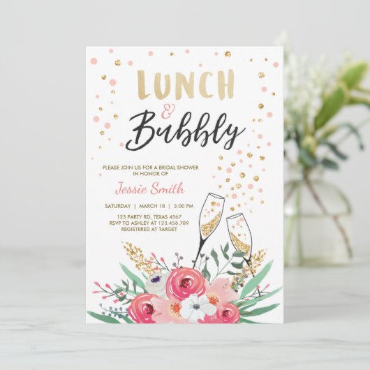 Brunch u. sprudelndes Brautparty-Rosa-Gold Einladung (Stehend Vorderseite)