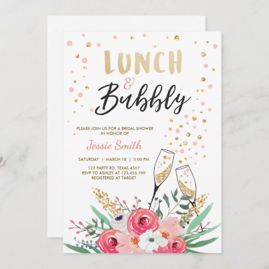 Brunch u. sprudelndes Brautparty-Rosa-Gold Einladung (Vorne/Hinten)