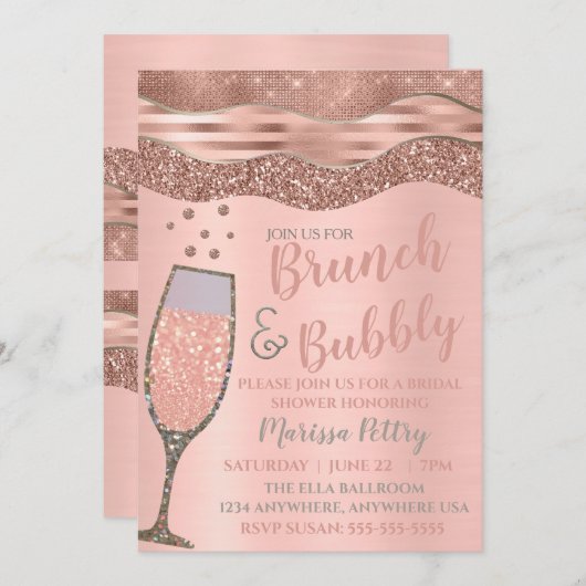 Brunch und Bläschen Dusche Rose Gold Einladung (Vorne/Hinten)