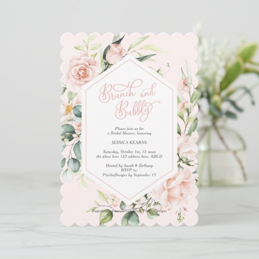 Brunch und blubbly blush Chic Aquarellblume Einladung (Stehend Vorderseite)