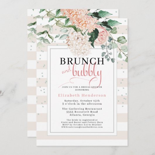 Brunch und Blubbly Blush Pink Brautparty Einladung (Vorne/Hinten)
