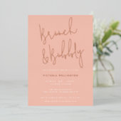Brunch und Blubbly Blush Pink Brautparty Gold Folieneinladung (Stehend vorne)