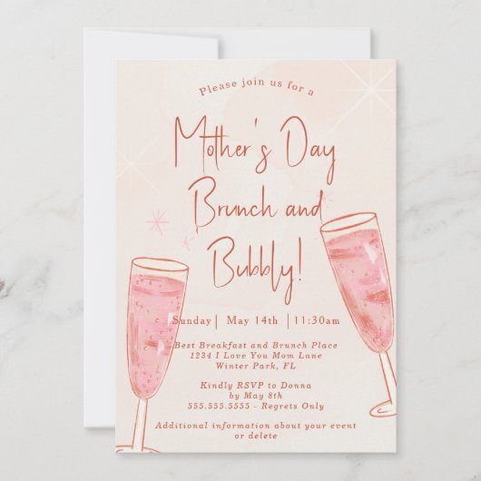 Brunch und Blubbly Blush Pink Mother Day Brunch Einladung (Vorderseite)