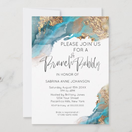 Brunch und Bubbly Aquamarin und Gold Abstrakt Einladung (Vorderseite)