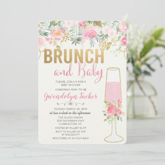 Brunch und Bubbly Baby Shower Einladung (Stehend Vorderseite)