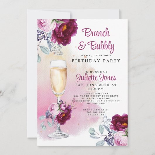 Brunch und Bubbly Birthday Party Einladung (Vorderseite)