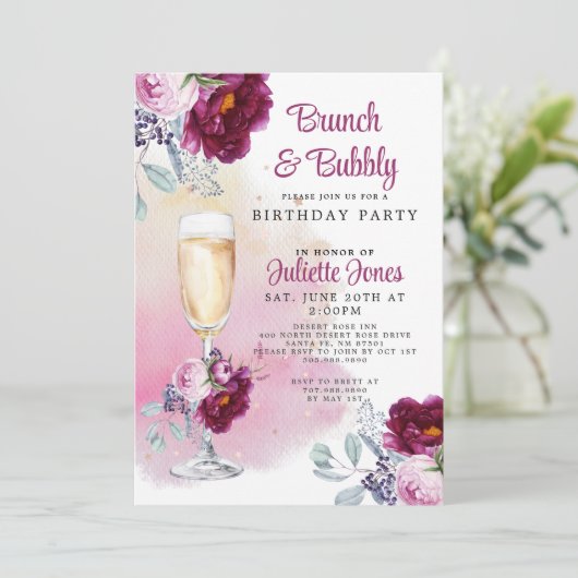 Brunch und Bubbly Birthday Party Einladung (Stehend Vorderseite)