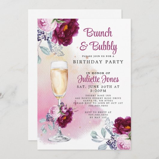 Brunch und Bubbly Birthday Party Einladung (Vorne/Hinten)