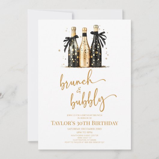 Brunch und Bubbly Black Gold Birthday Brunch Party Einladung (Vorderseite)