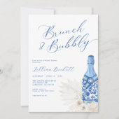 Brunch und Bubbly Blue Script-Brautparty Einladung (Vorderseite)