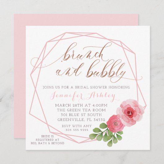 BRUNCH UND BUBBLY BRAUTPARTY INVITE EINLADUNG (Vorne/Hinten)