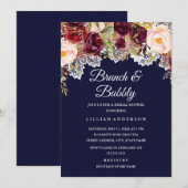 Brunch und Bubbly Burgund Navy Brautparty Einladung (Vorne/Hinten)