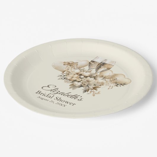 Brunch und Bubbly Champagne Blume Brautparty Pappteller (Schrägansicht)