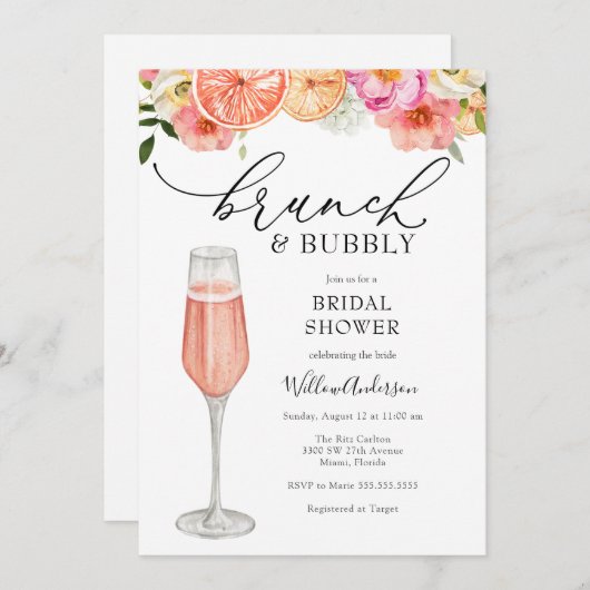 Brunch und Bubbly Champagne Brautparty Einladung (Vorne/Hinten)