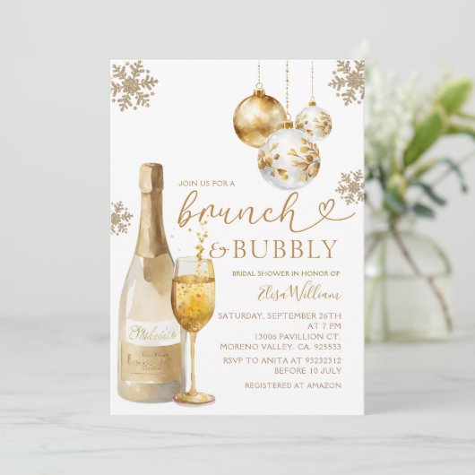 Brunch und Bubbly Champagne Winter Brautparty Einladung (Stehend Vorderseite)