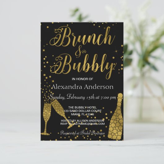 Brunch und Bubbly Champagnerbrille Einladung (Stehend Vorderseite)